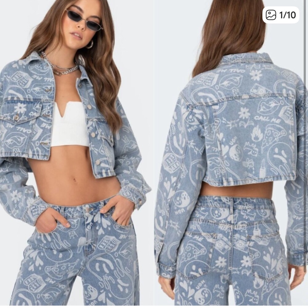 Edikted Blue Graphic Cropped Denim Jacket and jeans set
